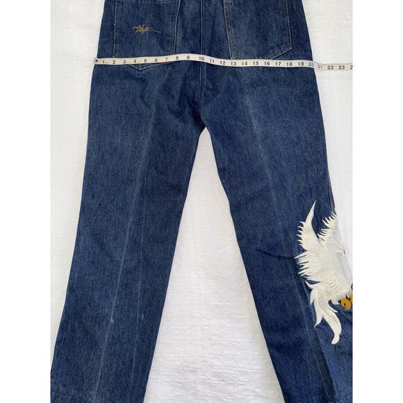 Vik Vizette Vtg 1970s Denim Jeans Embroidered Cockatoo Hippie Bell Bottom Sz 36 - Picture 10 of 16